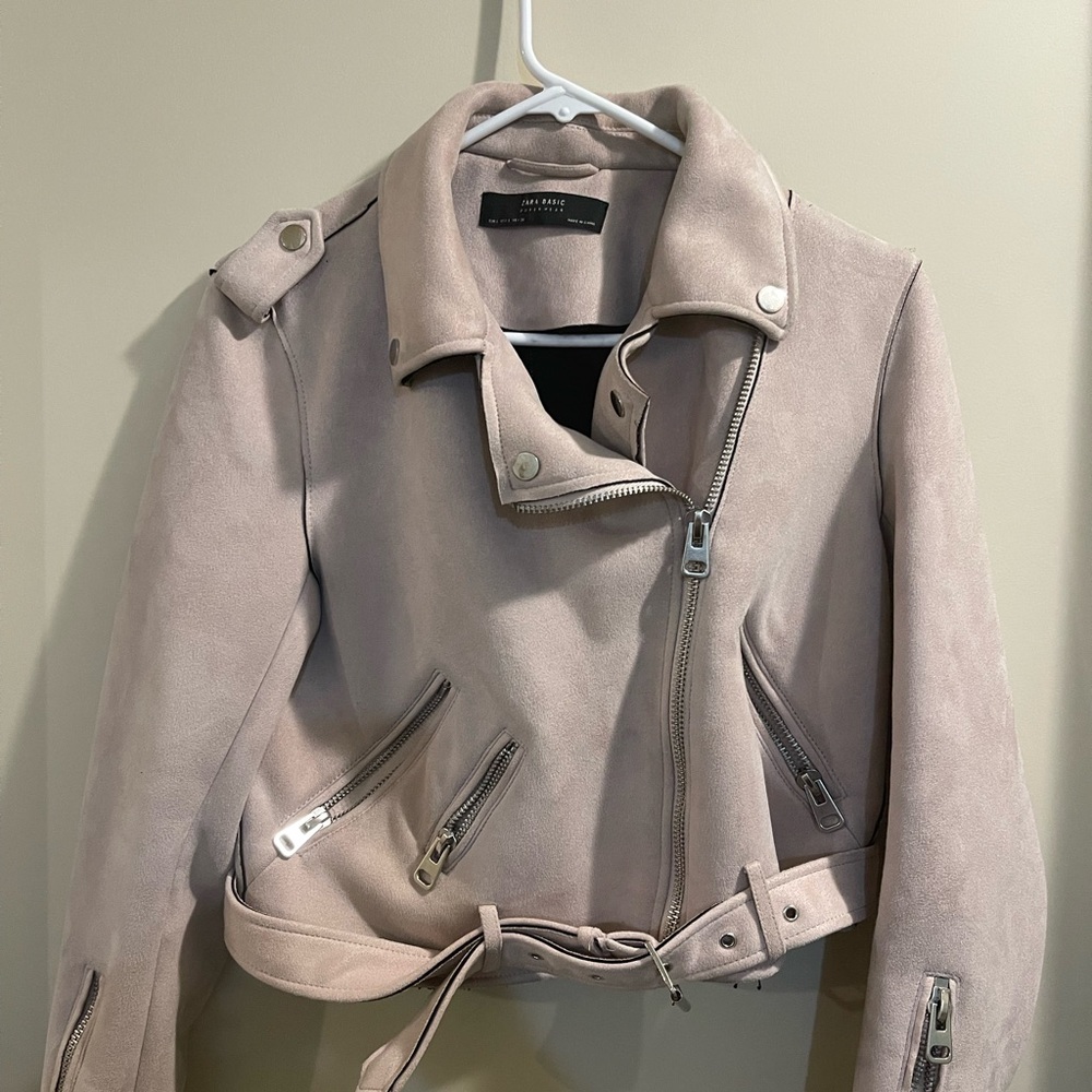 Zara Light Pink Faux Suede Biker Jacket